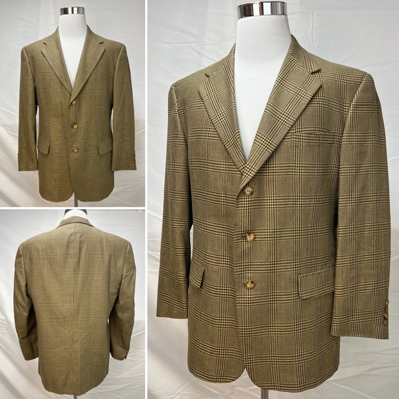 Men's Hart Schaffner Marx Softly Tailored Windowpane Plaid 43R Tan Blazer Jacket - Picture 5 of 9